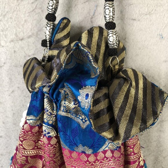 Consuela Bag Womens Blue Pink Drawstring Pouch Beaded Strap Tassel Boho Mirror - Picture 14 of 16